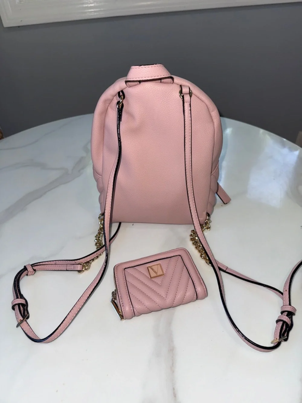 Pink Quilted Mini Backpack with Matching Wallet - Gold Hardware
